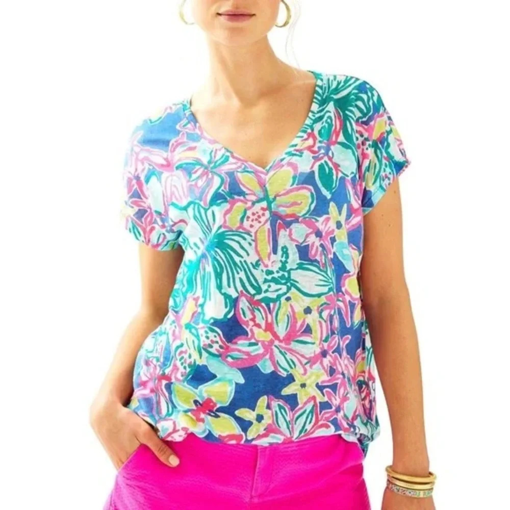 Lilly Pulitzer Hartwell Casa Azul Floral 100% Linen V Neck Tee Top S/M